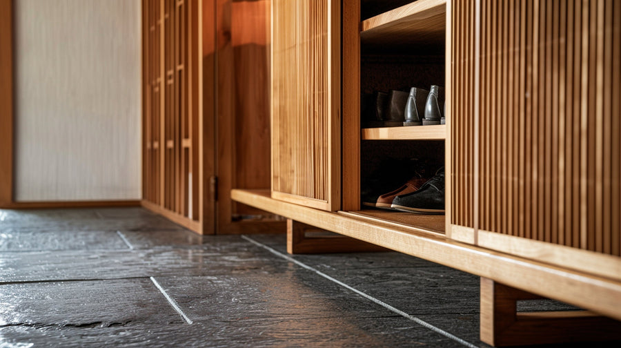 Wooden shoe cabinet with slatted doors storing shoes, set on slate floor, minimalist entryway design