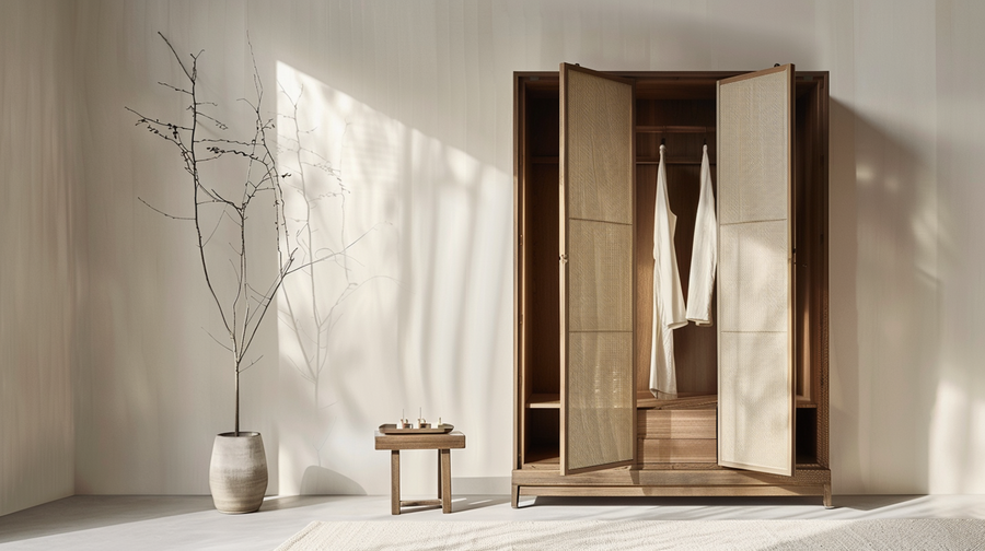 Minimalist wooden wardrobe with woven doors open, displaying hanging robes in a serene, sunlit room with natural decor.