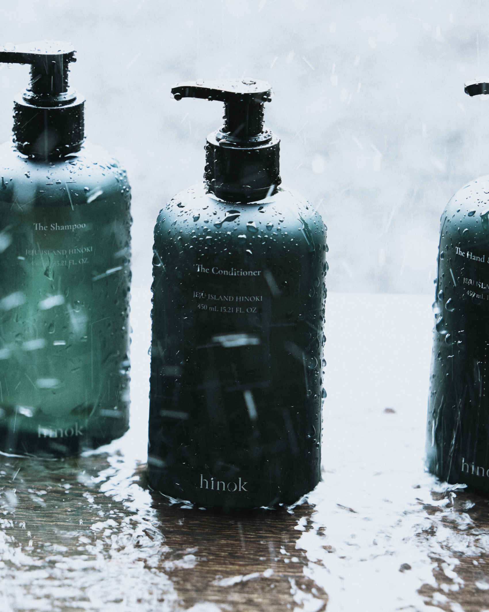 The Shampoo, The Conditioner, and The Hand and Body Lotion in the rain